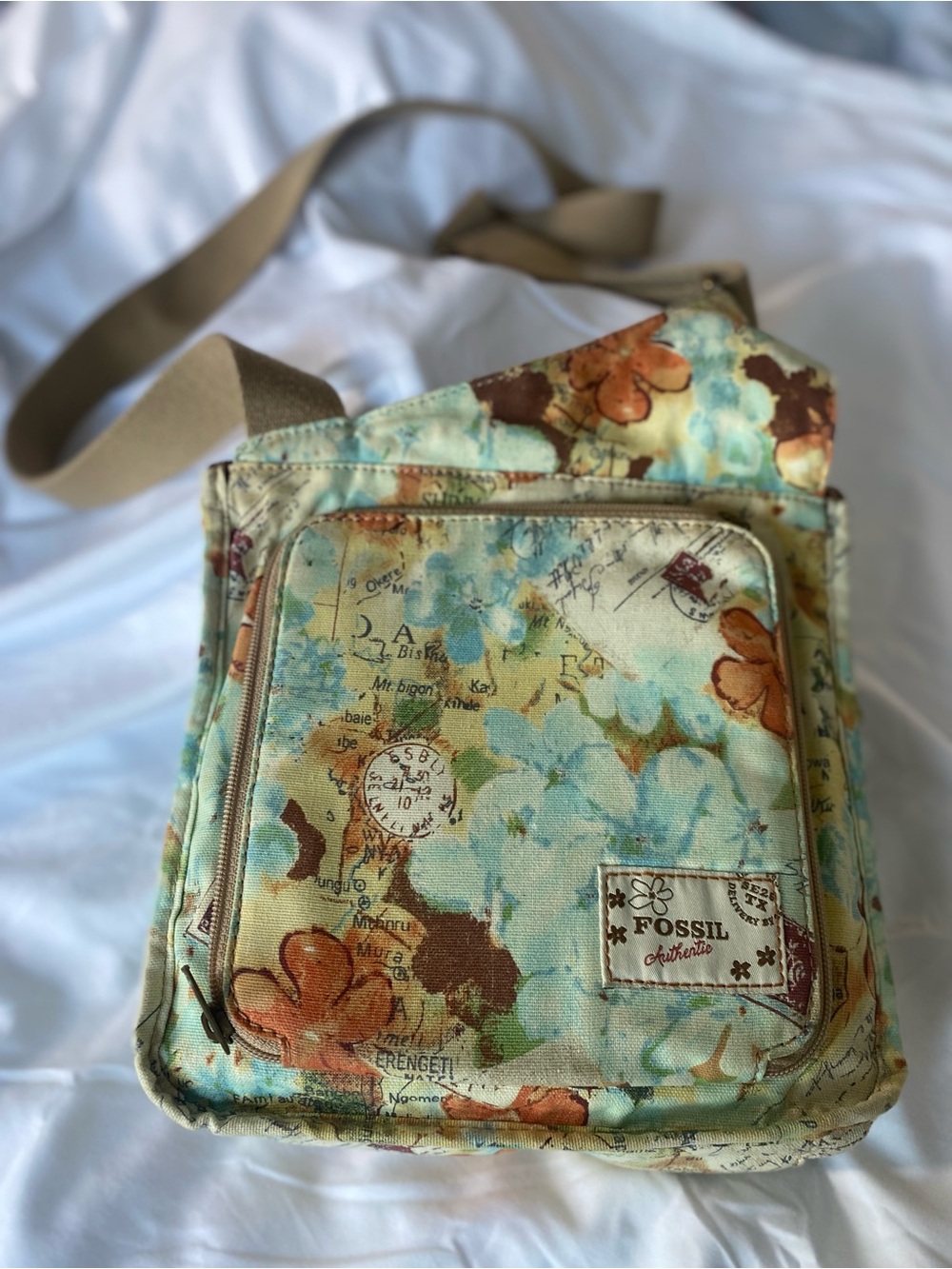 Vintage Fossil Floral Map-Print Canvas Crossbody in Teal, Tan & Orange Accents - Picture 2 of 6